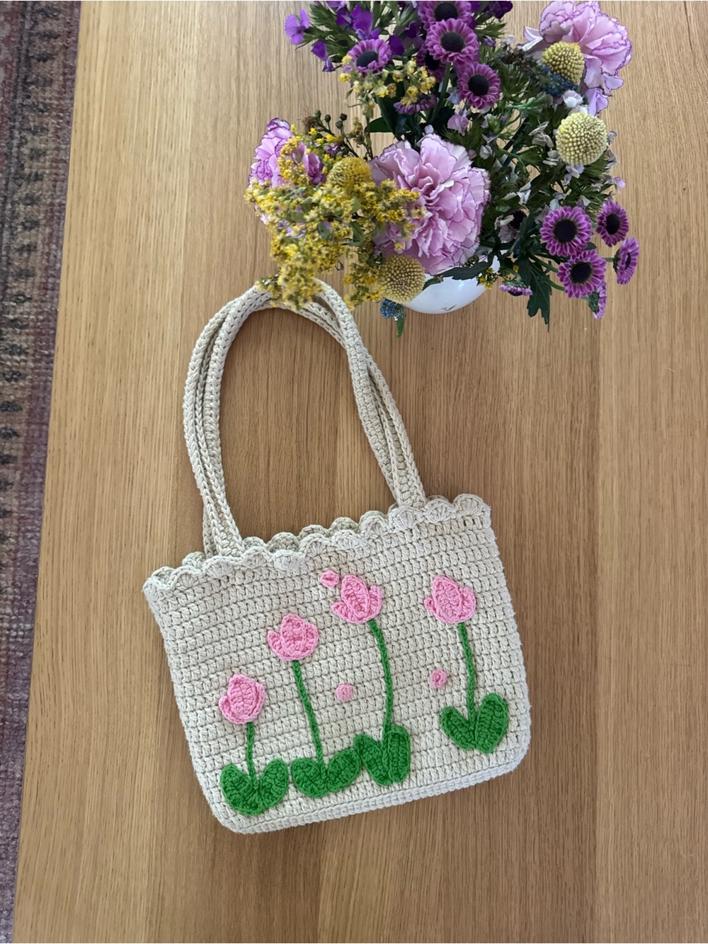 Handmade crochet bag with tulips